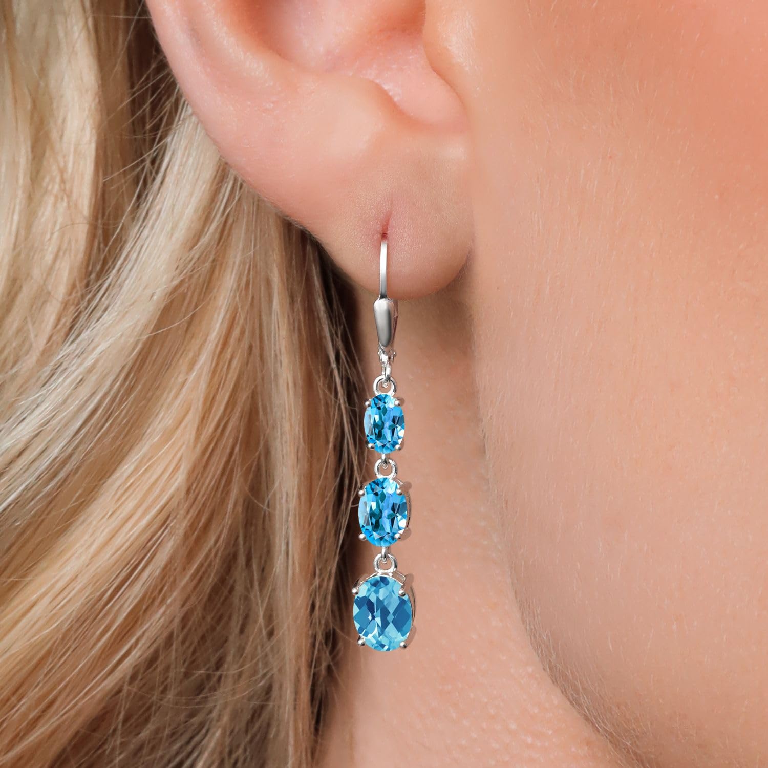 Gem Stone King 3-Stone Leverback Drop Dangle Earrings for Women | 925 Sterling Silver Birthstone Jewelry | Oval 8x6mm, 7x5mm & 6x4mm Gemstones | Elegant Gift for Mom, Wife, Her | Perfect for Weddings, Anniversaries & Special Occasions