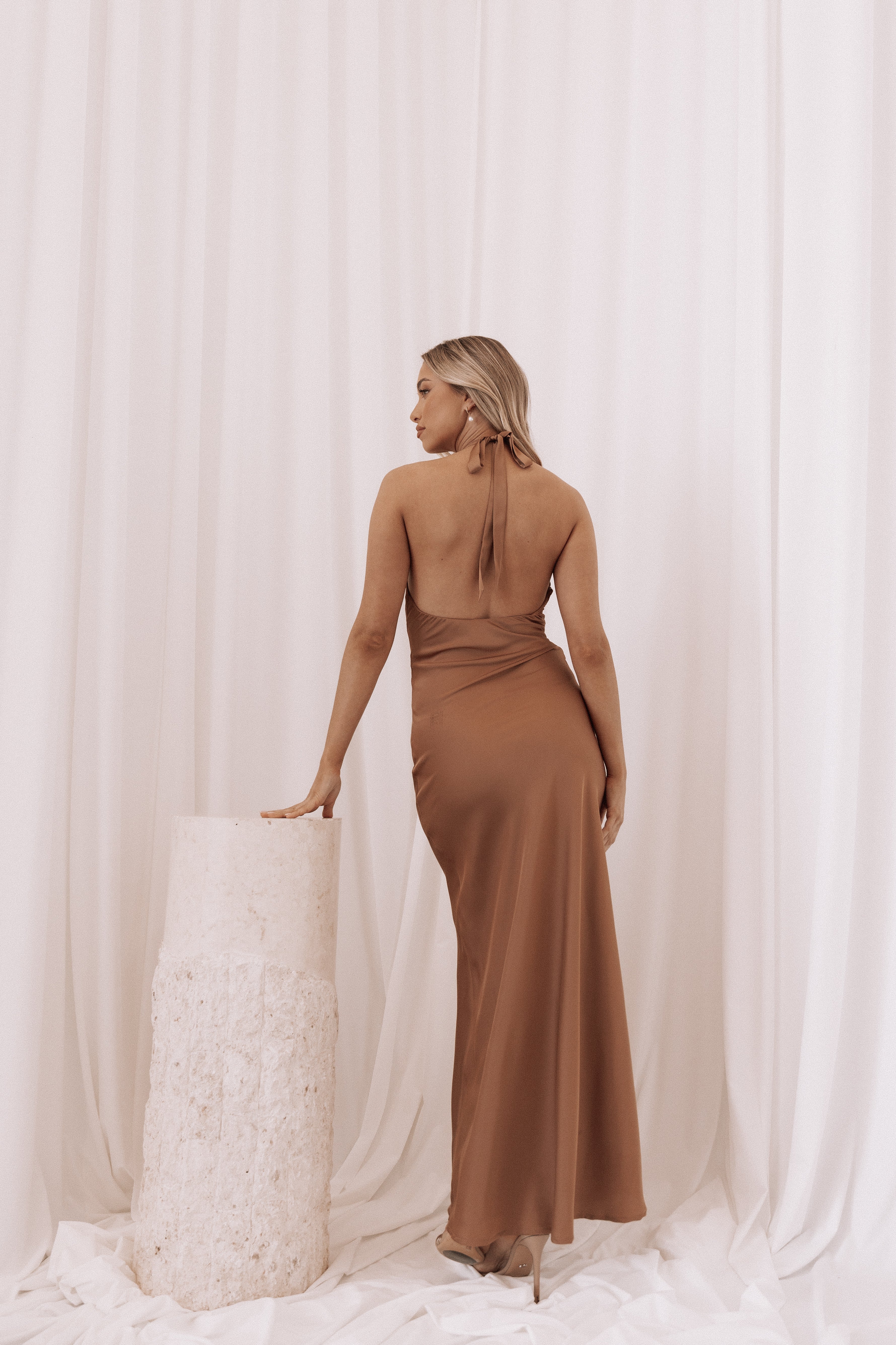 Kalina Women's Halterneck Maxi Dress in Bronze - Elegant Summer Beach Wedding Party Dress