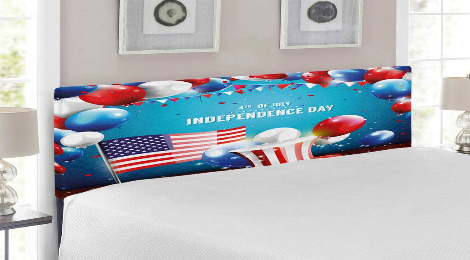 Ambesonne 4th of July Patriotic Headboard - Uncle Sam Hat Flag & Balloons Design, Upholstered Metal Bed Frame with Memory Foam Support, King Size in Blue, Red & Pearl Colors | Perfect for Independence Day Decor, Bedroom Makeover & Themed Celebrations