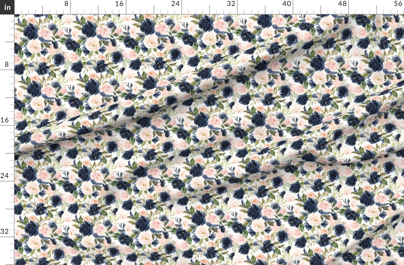 Beach Blossoms Floral Printed Denim Fabric by The Yard - White Flowers Rose Navy Spring Roses Blush Design for Apparel, Home Decor & Upholstery | Perfect for DIY Dresses, Curtains & Throw Pillows