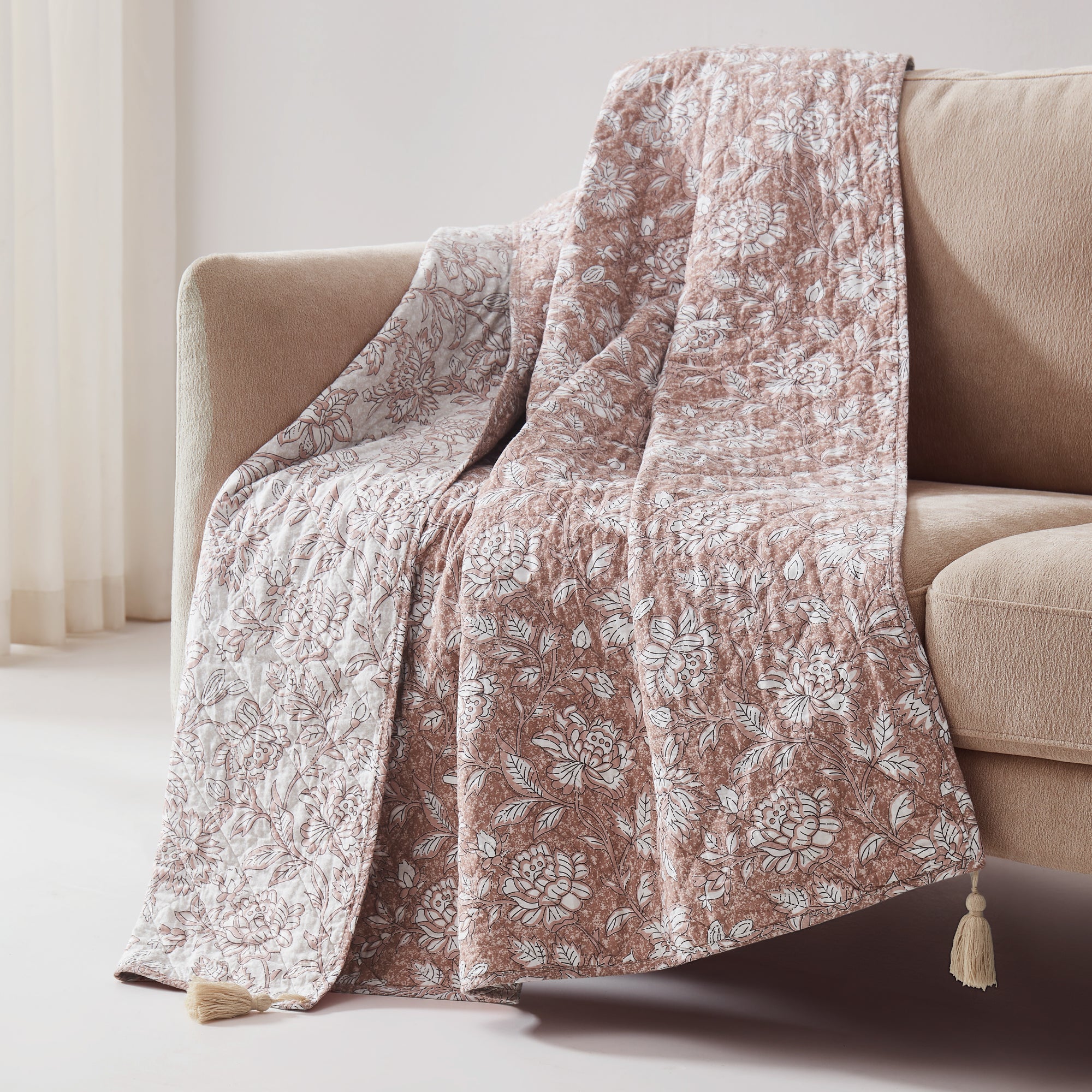 Zara Floral Block Reversible Cotton Throw Blanket - Soft & Cozy All-Season Blanket for Couch, Bed, Sofa & Outdoor Use