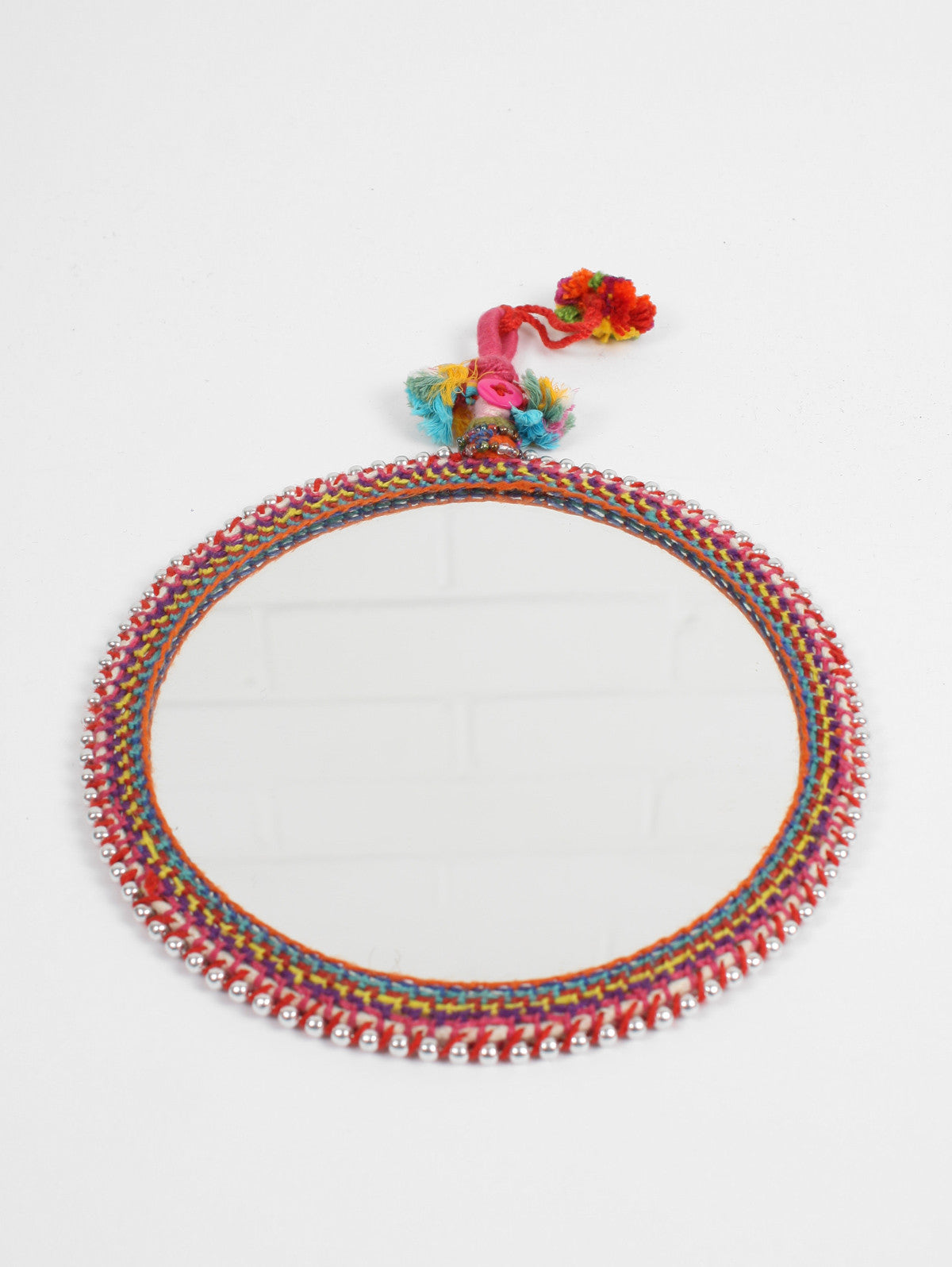 Boho Beaded Wall Mirror - Silver Round Decorative Mirror for Bedroom, Living Room & Boho Home Decor