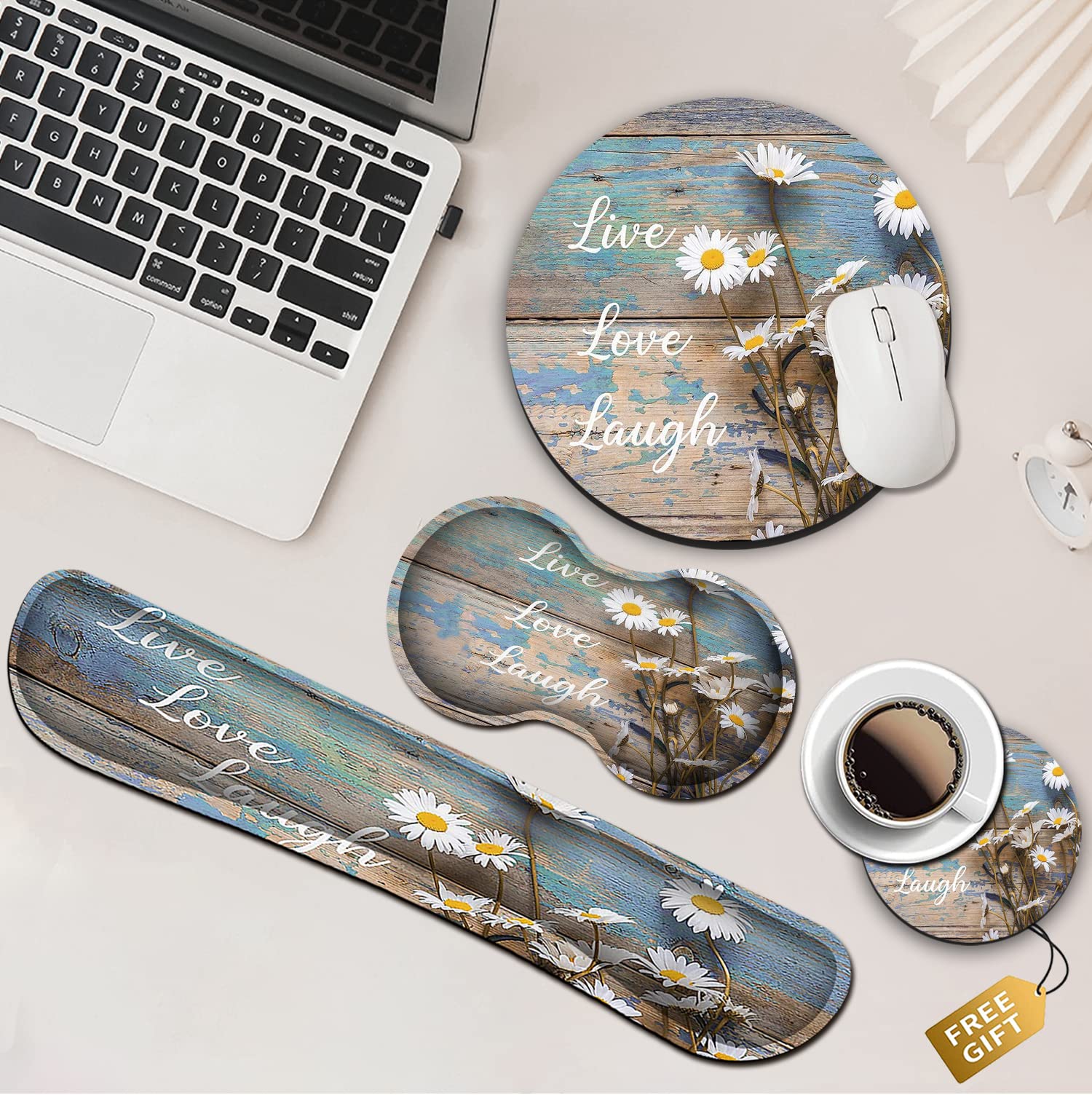 Ergonomic Mouse Pad with Wrist Rest for Women - Premium Memory Foam Keyboard Wrist Support for Office, Typing, Gaming & Computer Work - White Daisy Floral Design on Wooden Pattern for Desk Decor & Fatigue Relief (Perfect for Home Office, Workstation & PC Setup)