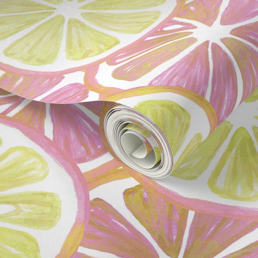 Peel & Stick Wallpaper 12ft x 2ft - Pink Lemons Yellow Fruit Lime Fresh Spring Summer Custom Removable Wallpaper by Spoonflower | Perfect for Nursery, Kitchen, Bathroom & Home Decor