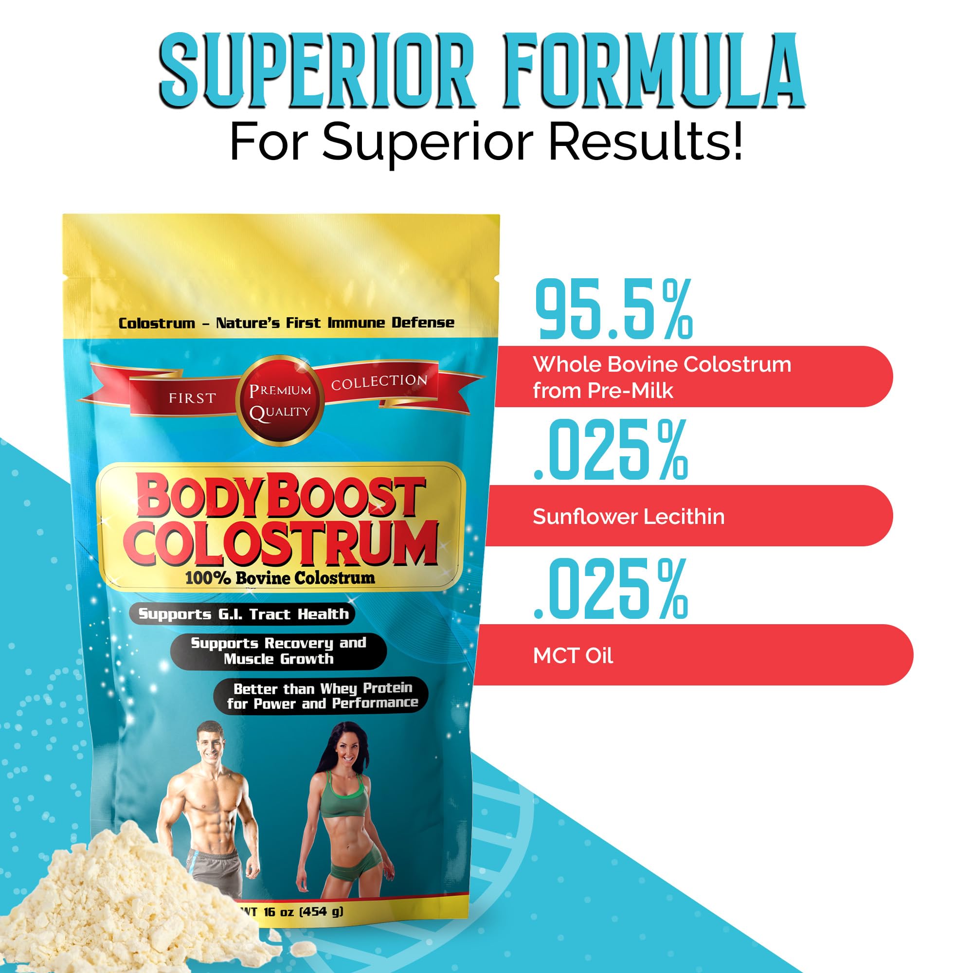 100% Pure Bovine Colostrum Powder - Grass-Fed Immune Booster Supplement with Immunoglobulin & Lactoferrin for Gut Health & Immunity Support - 32oz (2x16oz) - Perfect for Daily Wellness & Post-Workout Recovery