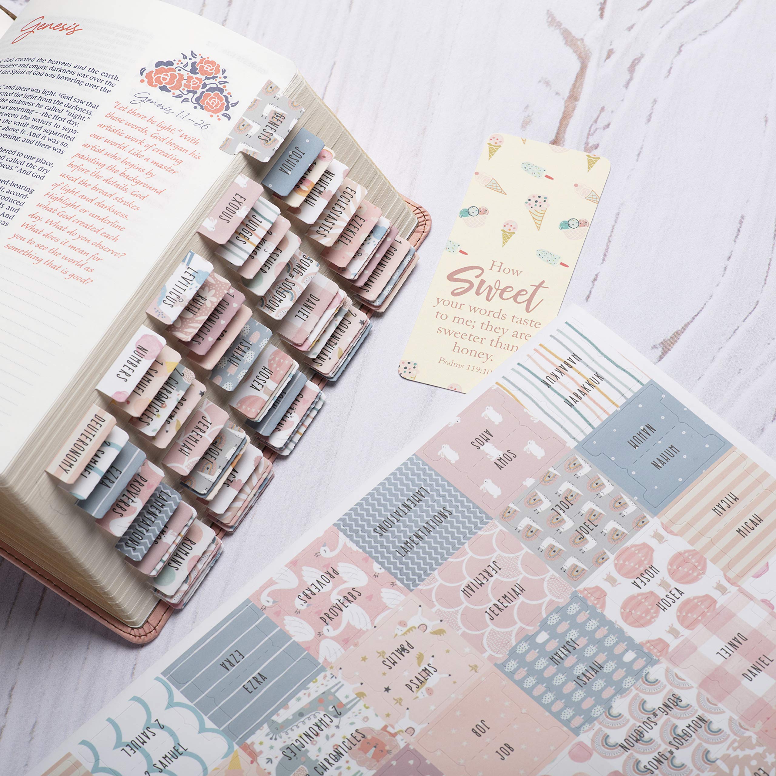 DiverseBee Laminated Bible Tabs for Women & Girls - Large Print Easy Read Bible Journaling Book Tabs, 66 Old & New Testament Tabs + 11 Blank Tabs, Christian Gift (Sweet Theme) - Perfect for Bible Study, Sunday School & Personal Devotion