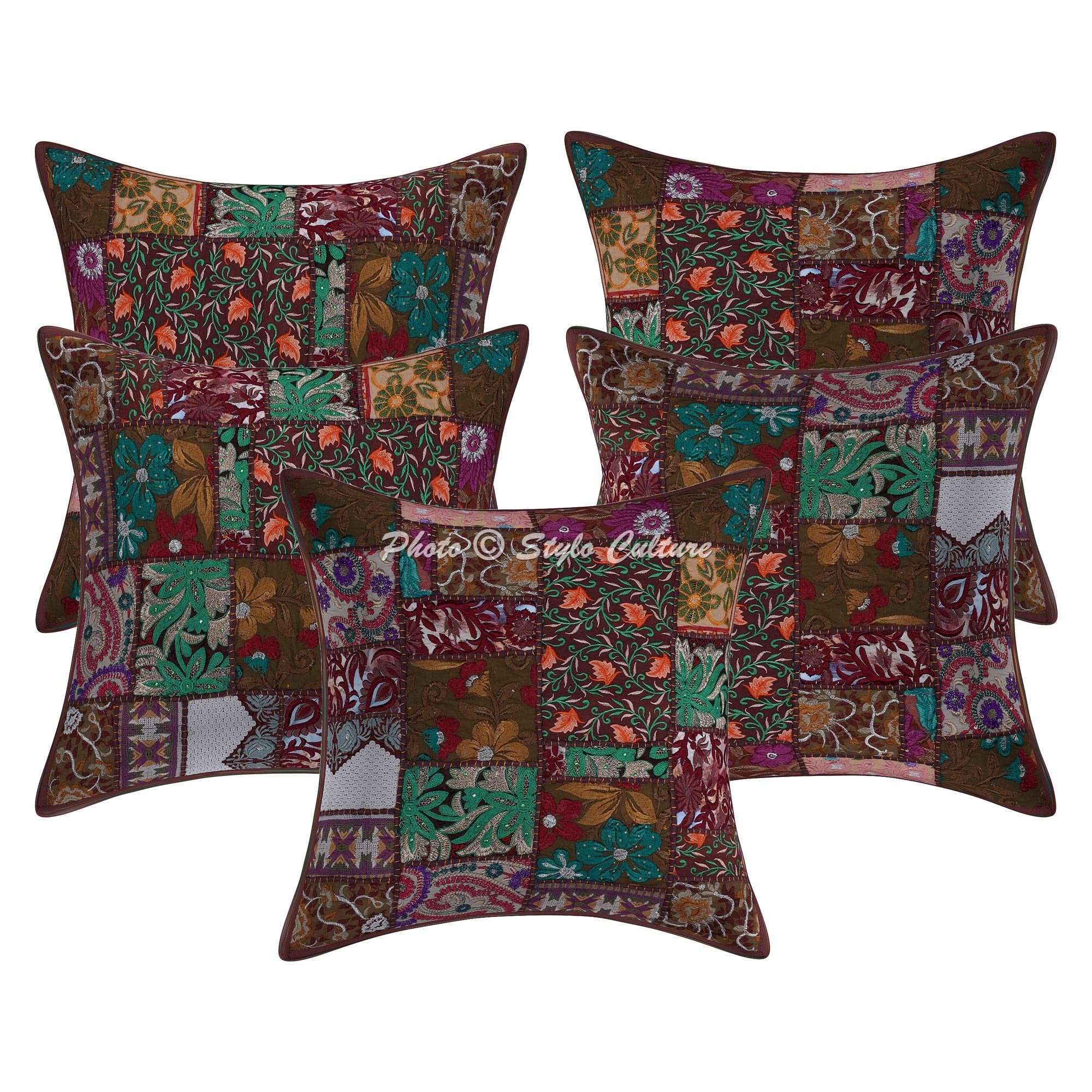 Bohemian Vintage Patchwork Cotton Throw Pillow Covers 20x20 Inches (50x50 cm) - Set of 5 Dark Brown Ethnic Abstract Square Cushion Covers for Sofa, Bed, Living Room Home Decor