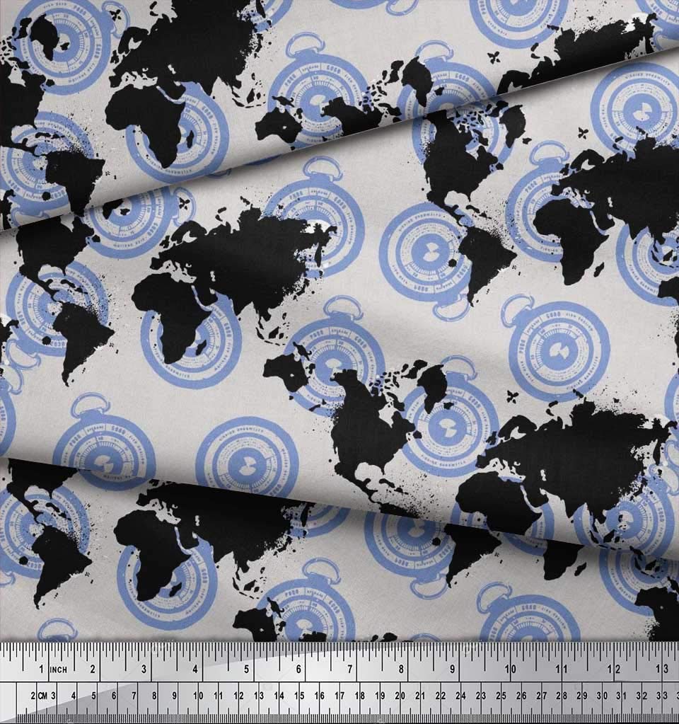 Soimoi Blue Poly Georgette Fabric by The Yard - 52 Inch Wide - Direction Compass & World Map Printed Cloth for Fashion, Home Decor, and DIY Projects - Perfect for Dresses, Curtains, and Crafting