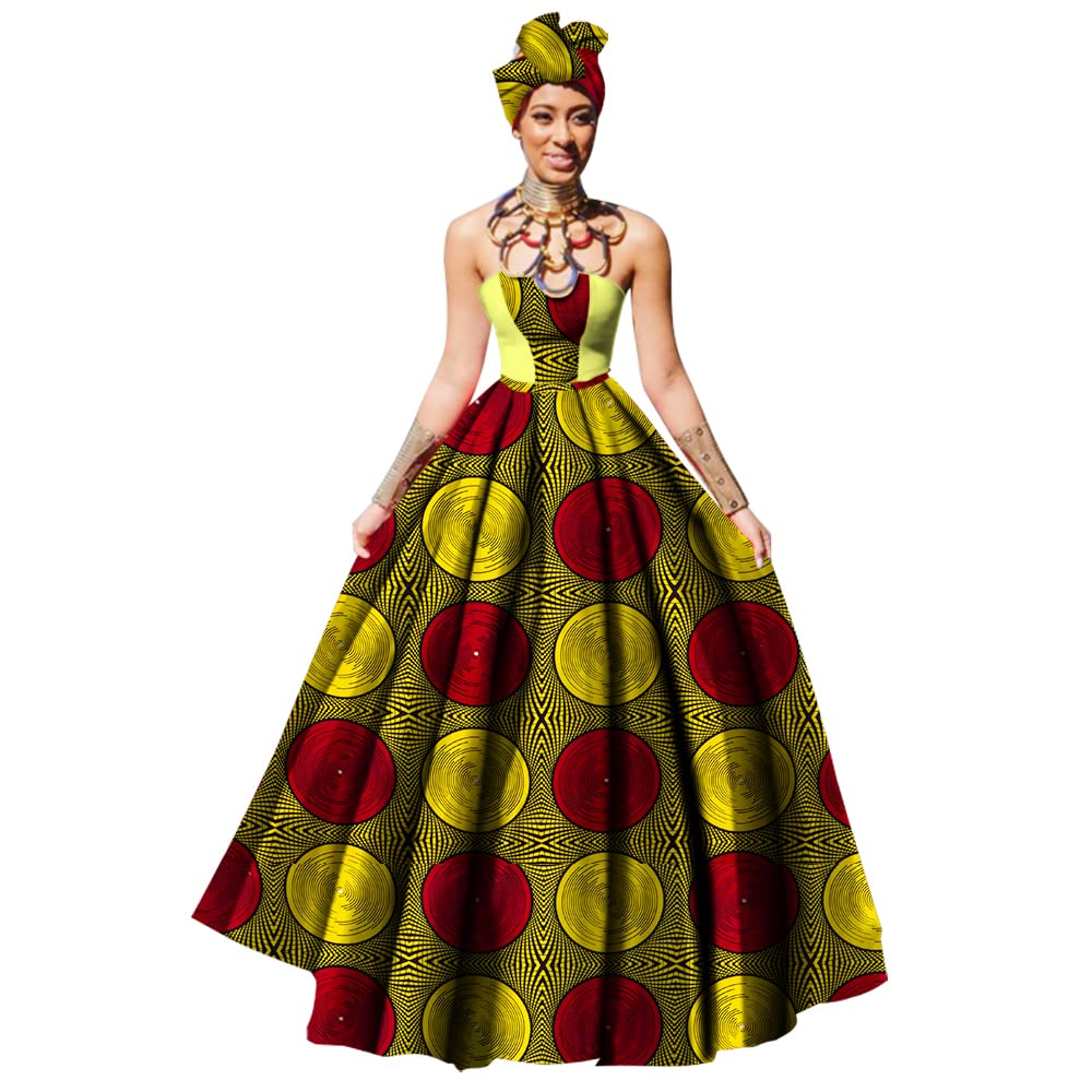 African Print Dashiki Ball Gown Party Dress for Women - Elegant Strapless Maxi Dress with Matching Headscarf | Perfect for Weddings, Cultural Events & Special Occasions