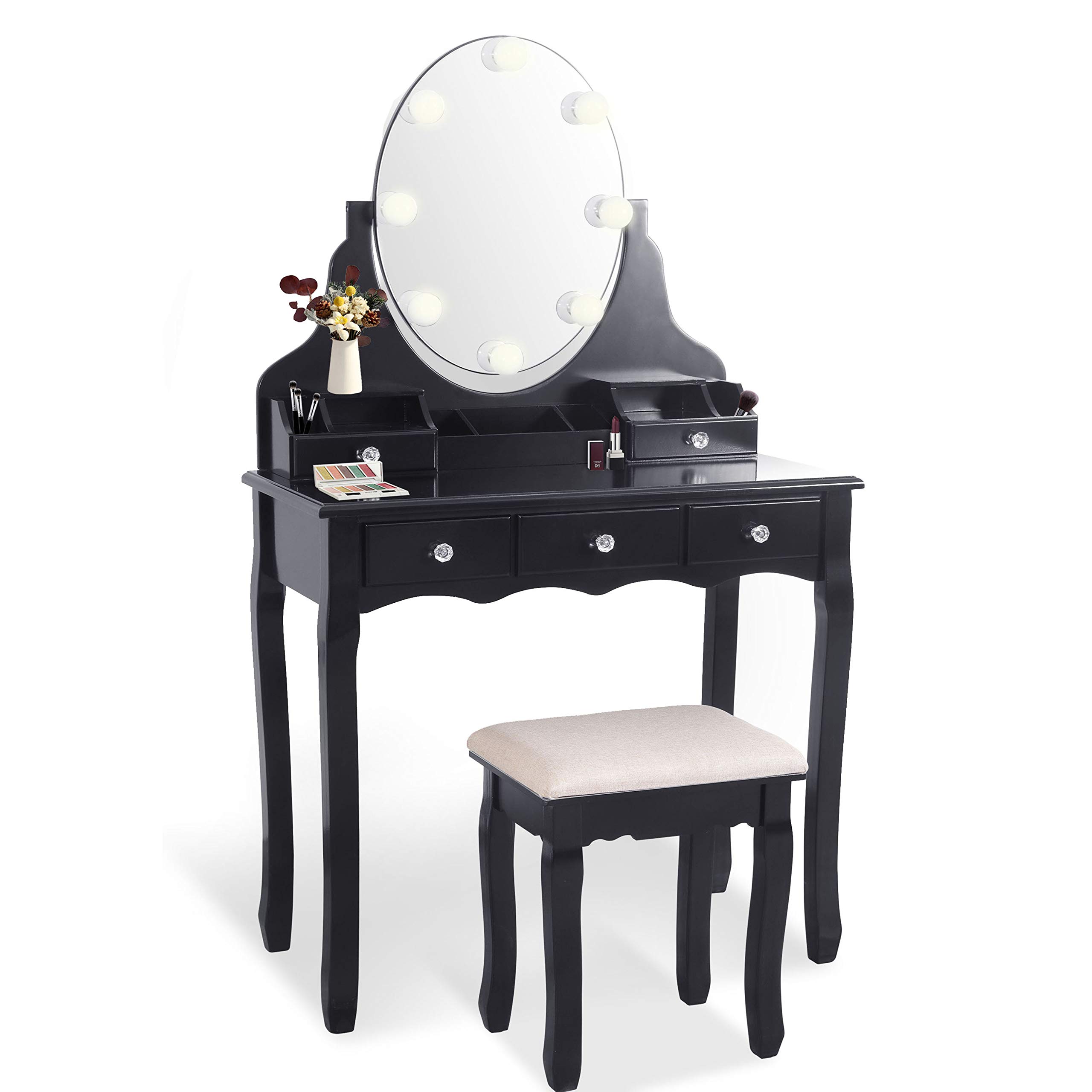 ENSTVER Elegant Vanity Table Set with Hollywood Light - Makeup Dressing Table with Frameless Mirror & Dimmer, LED Bulbs Included (Black) - Perfect for Bedroom, Dressing Room & Makeup Studio