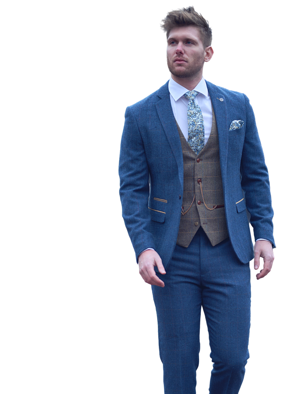 Marc Darcy Dion Blue Tweed 3-Piece Wedding Suit with Tan Brown Waistcoat - Perfect for Formal Events, Weddings & Special Occasions