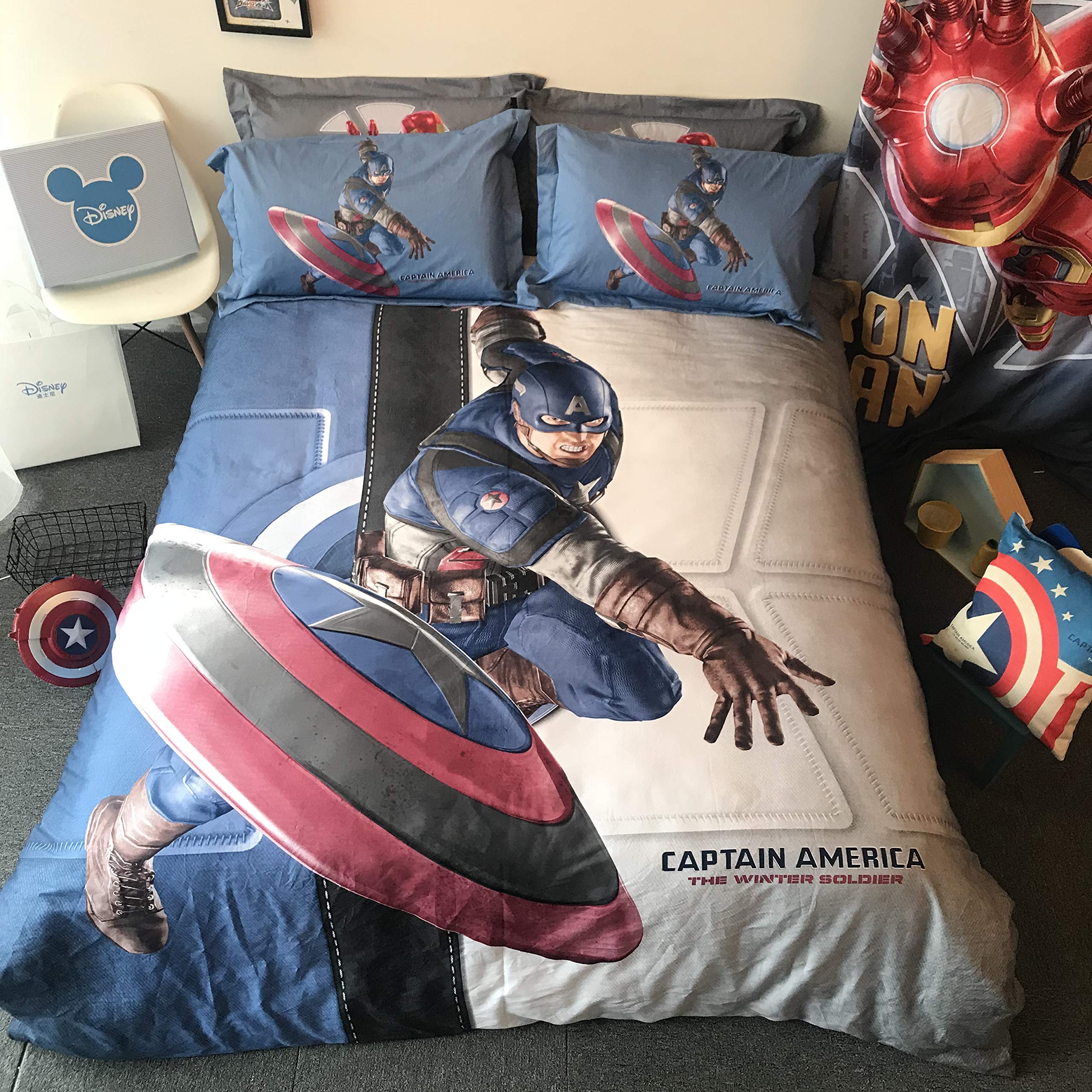 Captain America Kids Bedding Set - 100% Natural Cotton 5-Piece Queen Size Bed in a Bag with Duvet Cover, Flat Sheet & Pillowcases | Superhero Themed Bedroom Decor for Boys | Perfect for Kids' Rooms, Sleepovers & Themed Birthday Parties