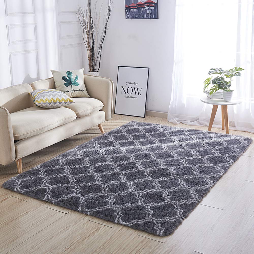 TOPCHANCES Ultra Soft Fluffy Velvet Area Rug - Modern Geometric Moroccan Design for Bedroom, Living Room & Nursery - Home Decor Carpet (Dark Grey, 5.25x7.55 Feet) | Cozy & Stylish Floor Covering for Relaxation & Comfort