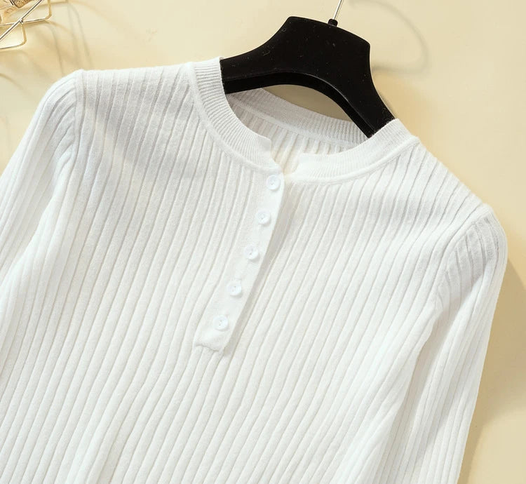 Button Basic Slim Knitted Pullover Sweater for Women - Soft Comfortable Lightweight Casual Tops for Fall & Winter - Perfect for Office, Dating and Weekend Outfits