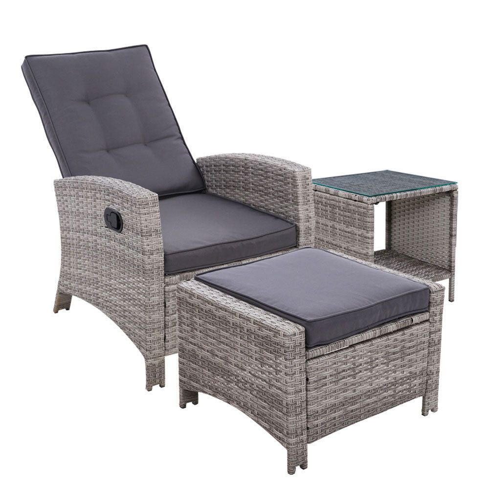 Gardeon Outdoor Patio Furniture Set - 3-Piece Wicker Lounge Chair with Recliner and Side Table - Grey Rattan Garden Furniture for Backyard, Poolside, and Deck Relaxation