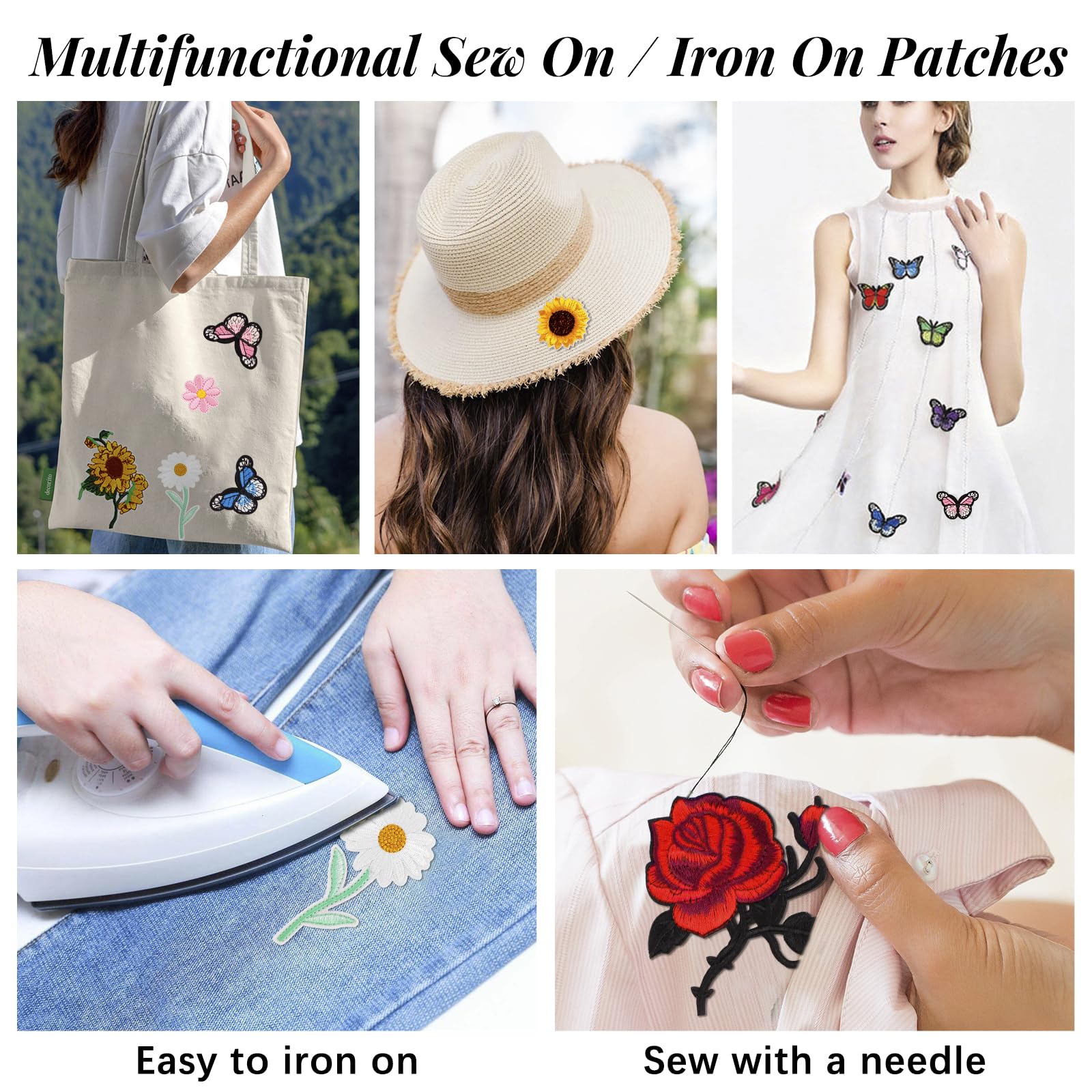 RETON 72 Pcs Embroidered Iron-On Patches for Clothing - Butterfly, Flower, Bee, Rose & Daisy Applique Patches for Jackets, Jeans & Backpacks | DIY Fashion Customization & Outfit Personalization