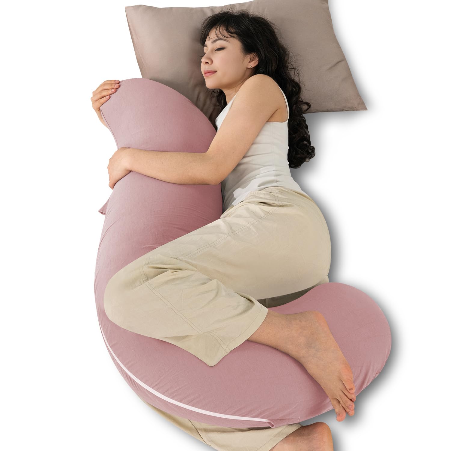 QUEEN ROSE Cooling Body Pillow for Adults - S Shaped Full Body Support Pillow with Removable Cover, Ideal for Side Sleepers & Pregnancy Comfort - Soft Hug Pillow for Bed, Couch & Travel (Pink)