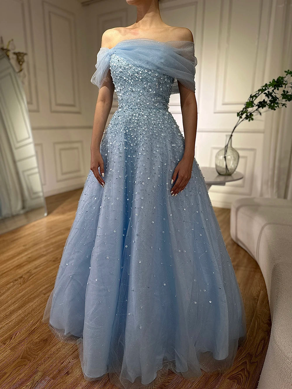 Elegant Blue Beaded Off-Shoulder A-Line Long Evening Gown for Women - Dubai Arabic Inspired Formal Dress LA72009A - Perfect for Weddings, Galas & Special Occasions