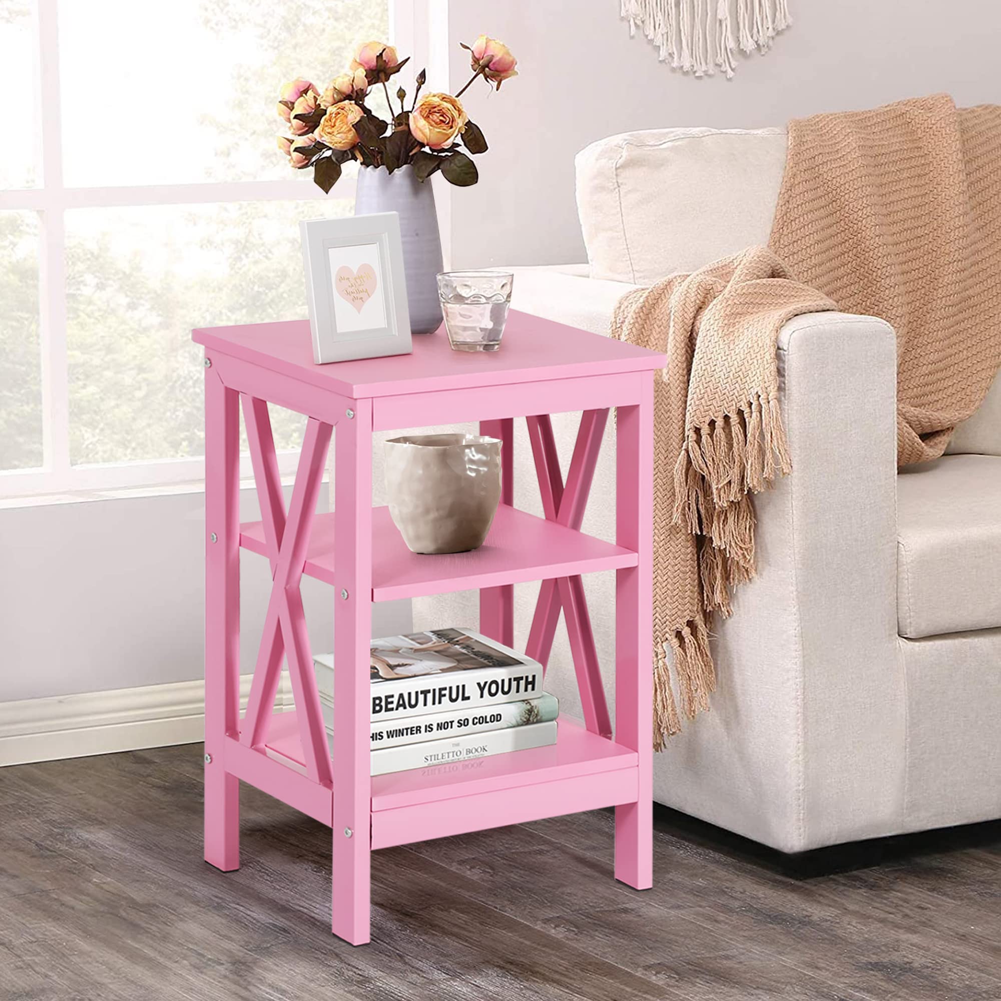 VECELO 2-Pack Pink End Side Table with Storage Shelf - Modern Nightstand for Bedroom, Living Room | Space-Saving Furniture with Shelves for Small Spaces, Apartments & Dorms