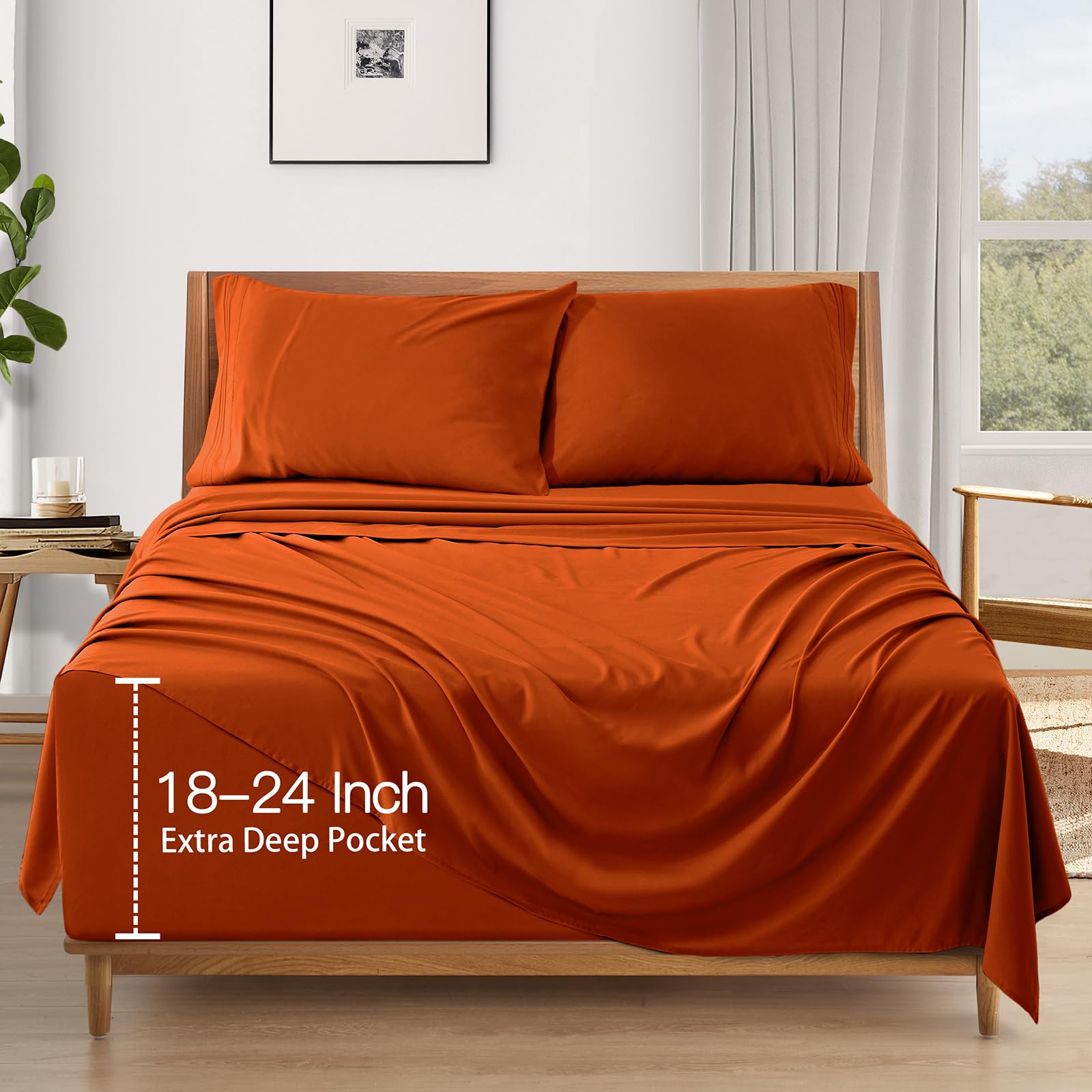 SiinvdaBZX Extra Deep Pocket Full Sheets Set - 4 Piece Soft 1800 Thread Count Fitted Sheet with Side Pocket - Fits Mattress Up to 24 Inches Thick - Burnt Orange Deep Pocket Sheets for Air Mattress - Perfect for Guest Beds, Dorm Rooms & Camping Trips