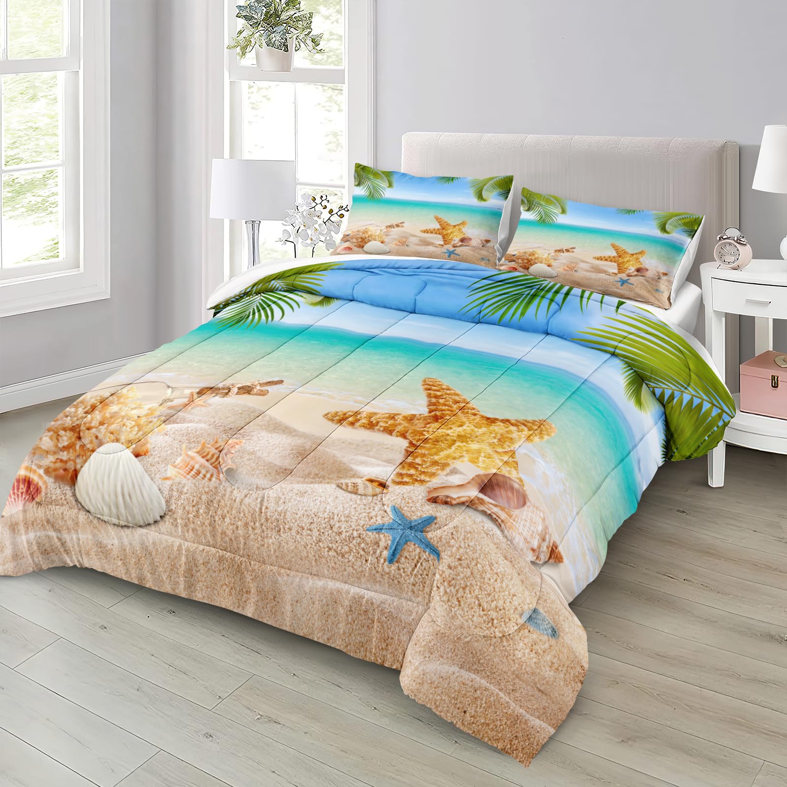 Ocean Beach Themed Queen Size Bedding Set - Tropical Palm Tree Comforter with Conch & Starfish Print | Coastal Style Summer Bedding for Beach House, Vacation Rental & Coastal Decor