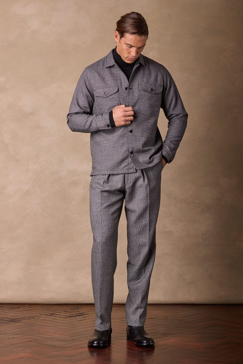 Men's Black & White Textured Wool Shirt Jacket - Stylish Layering for Fall & Winter Outdoor Activities