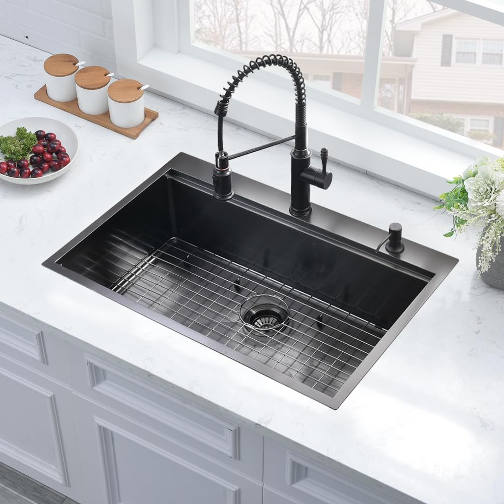 33 x 19 Inch Black Stainless Steel Drop-In Kitchen Sink - 16 Gauge Deep Single Bowl Workstation Basin for Modern Kitchens | Perfect for Meal Prep & Dishwashing