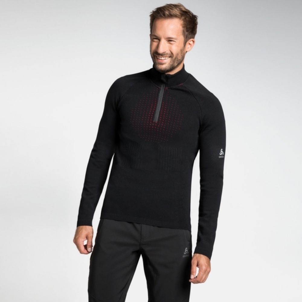 Odlo Men's Heated Ski Base Layer 1/2 Zip - Thermal Underwear for Cold Weather - Perfect for Skiing, Snowboarding & Winter Outdoor Activities