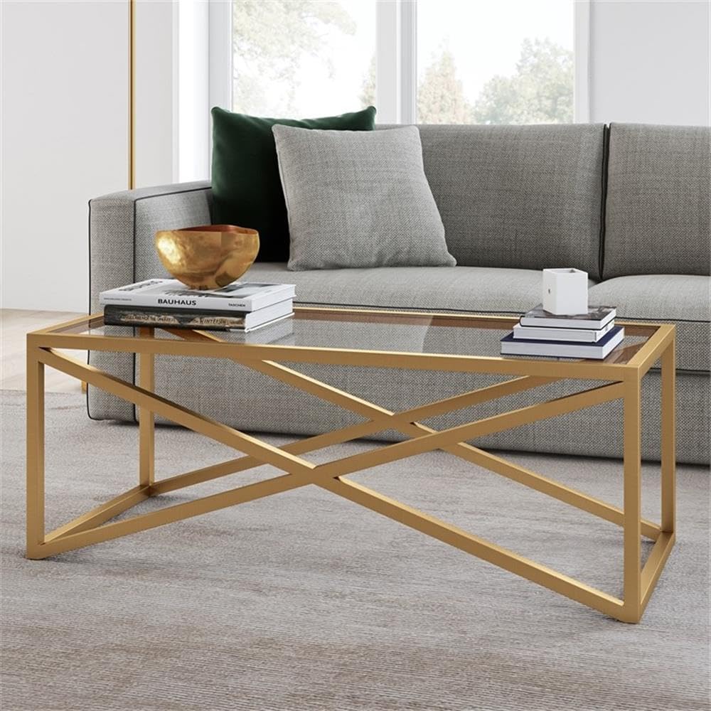 Pemberly Row Brass and Gold Rectangular Coffee Table with Tempered Glass Top - Modern Living Room Centerpiece for Home Decor