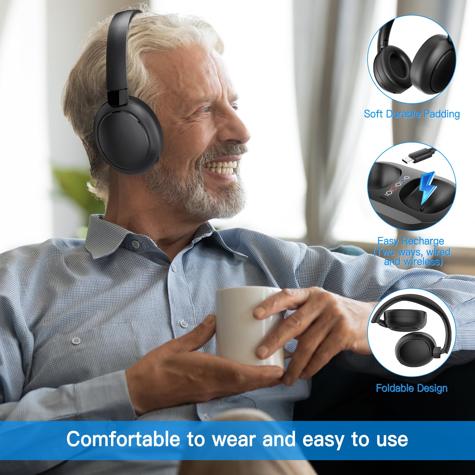 Wireless Bluetooth Headphones for TV Watching with Charging Dock - Comfortable Over-Ear Headset for Seniors, No Audio Delay, Easy Setup (Black) - Perfect for Home Entertainment, Late Night Viewing & Hearing Assistance