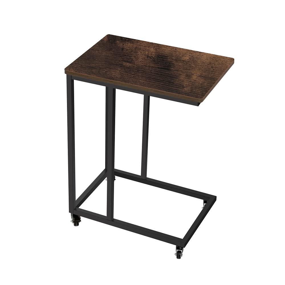 **Industrial Rustic Brown Coral Flower End Table with Metal Frame & Rolling Casters - C-Shaped Snack Side Table for Living Room, Bedroom, Office - Perfect for TV Trays, Coffee, or Reading Nook**