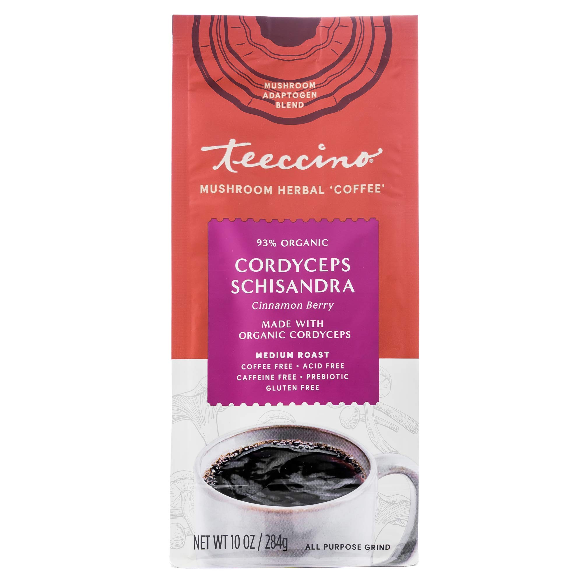 Teeccino Cordyceps Schisandra Herbal Coffee Alternative - Cinnamon Berry Flavor | Caffeine-Free, Prebiotic, Acid-Free, Gluten-Free Mushroom Coffee | Adaptogenic Energy Boost | 10oz Bag - Perfect for Morning Routine & Healthy Lifestyle