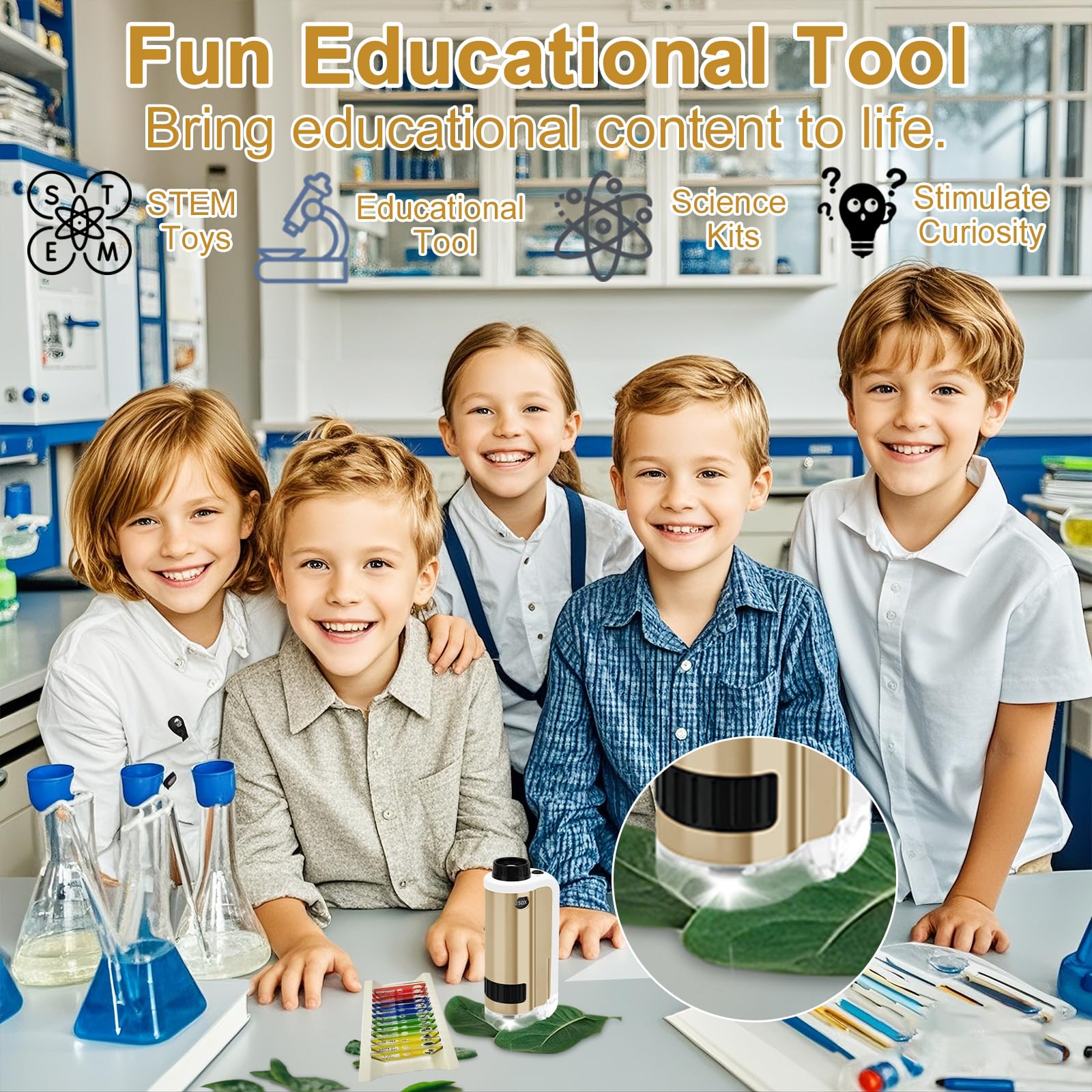 SETFLAGS Kids Pocket Microscope - 100x-250x Zoom Portable Handheld Microscope with 12 Specimen Slides | STEM Science Toys for Ages 6+ | Perfect for Classroom, Outdoor Exploration & Science Projects | Great Gift for Little Scientists