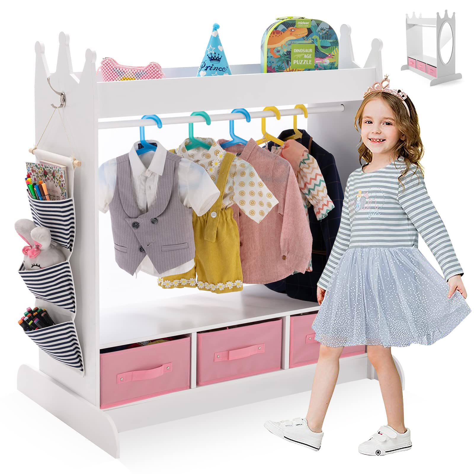 White Kids Armoire Dress-Up Storage with Mirror and Drawers - Costume Wardrobe Closet with Side Pockets & Shoe Shelf for Girls Bedroom - Perfect for Pretend Play, Toy Organization & Kids Room Decor