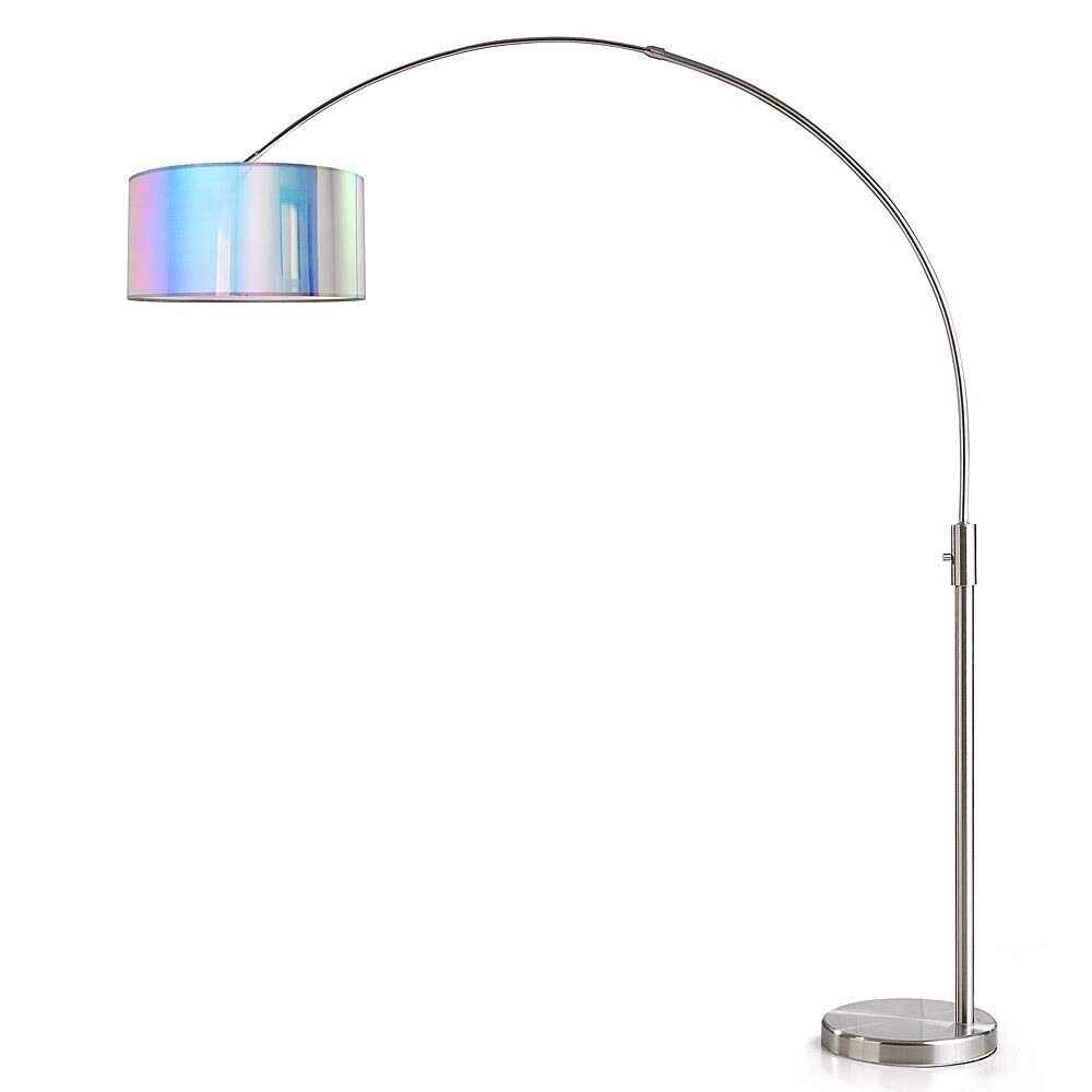 HomeGlam Orbita 82-inch Brushed Nickel Retractable Arch Floor Lamp with LED Bulb & Drum Iridescent Shade - Dimmable Modern Lighting for Living Room, Bedroom or Office Decor