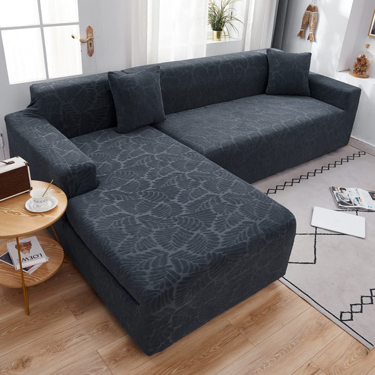 2-Seat Velvet Stretch Sofa Cover - 1-Piece Solid Color Plush Couch Protector for L-Shaped Sectional Sofa (Dark Gray) | Soft & Durable Furniture Protection for Living Room, Bedroom, or Office