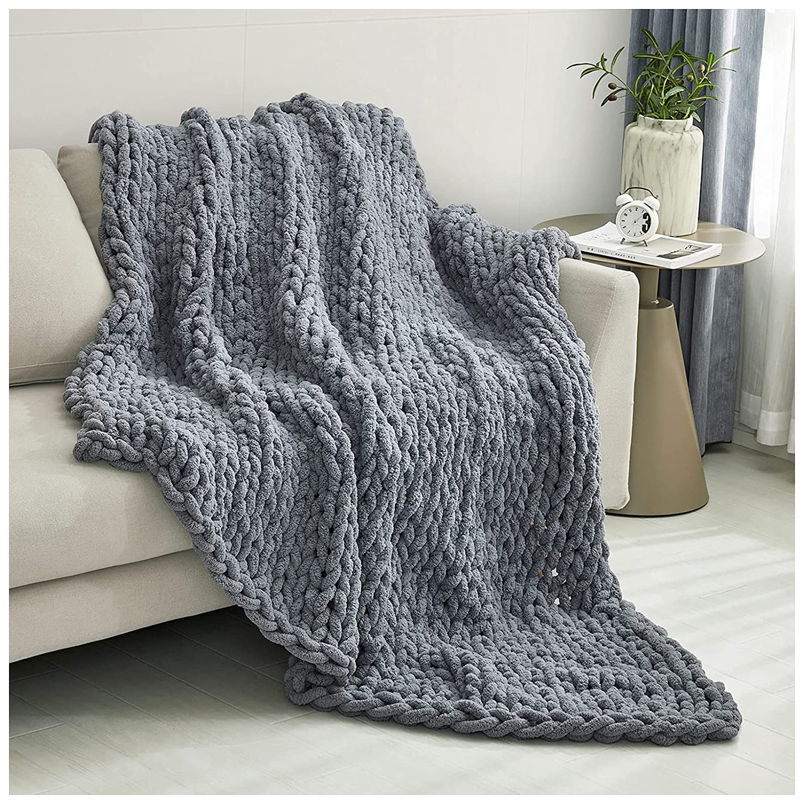 Chunky Merino Wool Blanket - Thick Large Knitted Throw for Winter Warmth - Soft Yarn Roving Blanket for Bed, Sofa & Chair - Cozy Home Decor for Living Room, Bedroom & Office