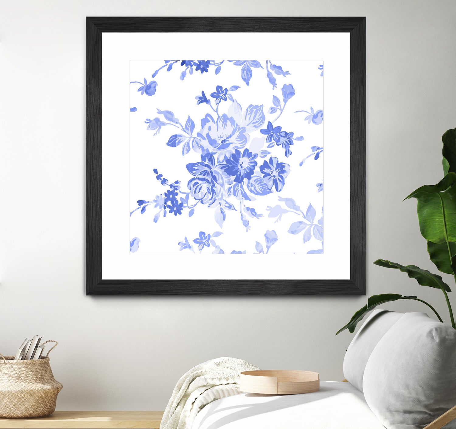 Blue Floral Pattern Art Print - Elegant Flower Wall Decor for Living Room, Bedroom & Office