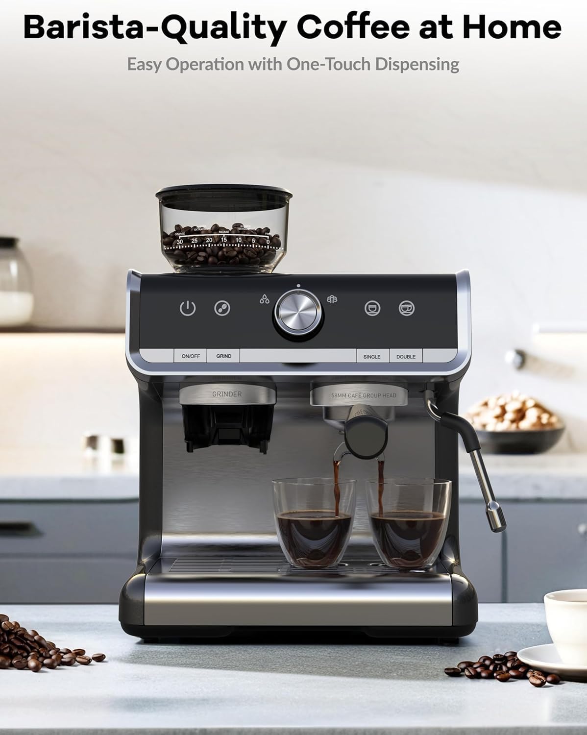 20 Bar Professional Espresso Machine with Built-in Grinder & Milk Frother - 95oz Removable Water Tank for Lattes, Cappuccinos & Americanos - Stainless Steel Home Coffee Maker for Barista-Style Drinks & Entertaining