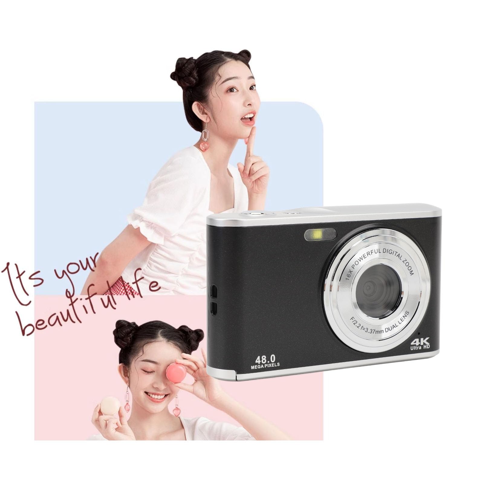 4K Digital Camera 48MP Autofocus Compact Camera for Kids & Adults - 16X Digital Zoom Point and Shoot Camera with Anti-Shake, Portable Vlogging Camera for Travel, YouTube, Birthday Gifts (Black)