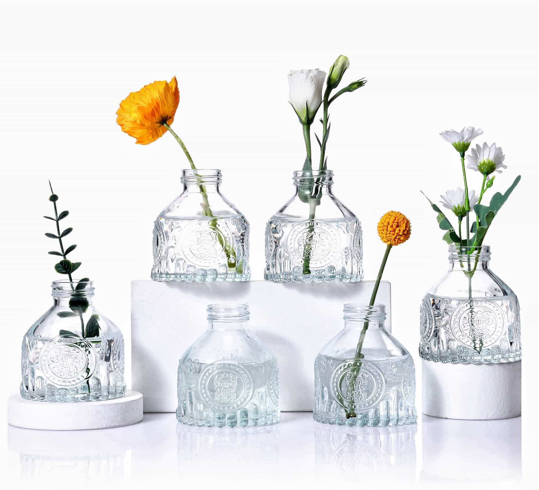 6-Piece Glass Bud Vase Set - Small Clear Flower Vases for Floral Arrangements, Rustic Home Decor, Wedding Centerpieces - Perfect for Living Room, Office, or Event Decorations