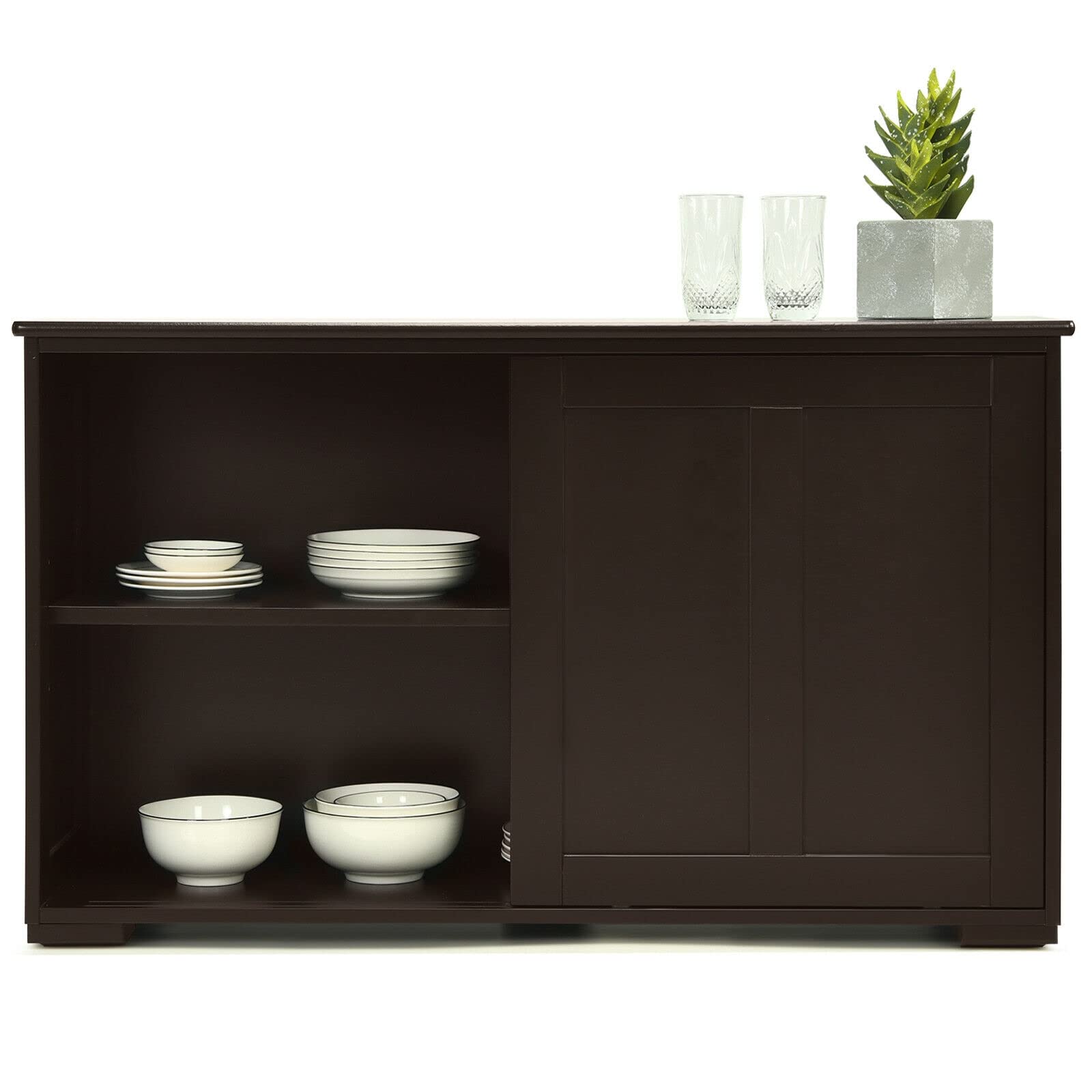 LHONE Stackable Wooden Storage Cabinet with Sliding Doors - Kitchen Sideboard Buffet Cupboard for Dining Room & Home Organization (Brown) - Perfect for Small Spaces & Modern Kitchens