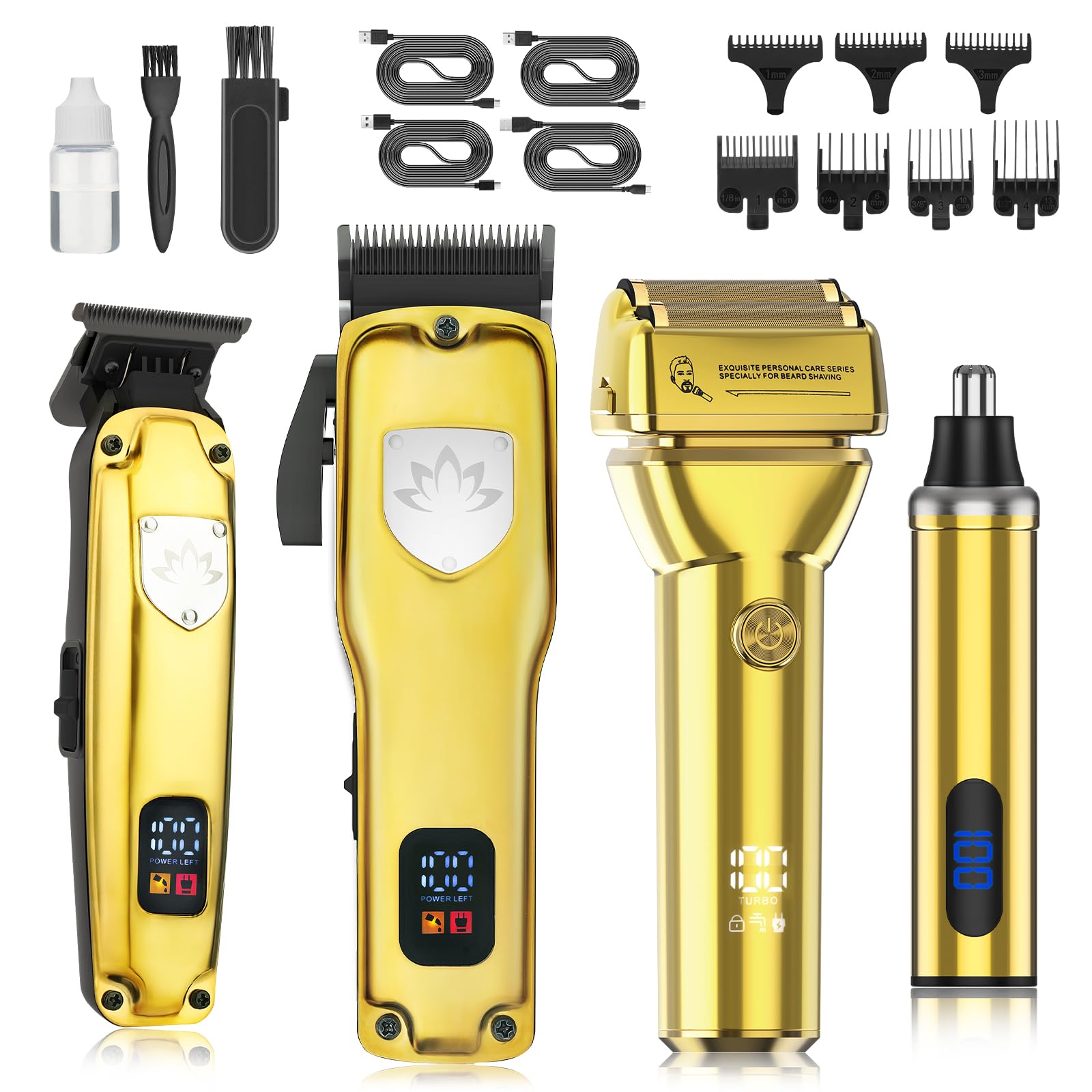 Professional Cordless Hair Clippers for Men - T-Blade Trimmer & Nose Hair Trimmer Electric Shaver Set with LED Display | Barber Grooming Kit for Home & Salon Use | Perfect Gift for Dad, Husband & Men (Gold)