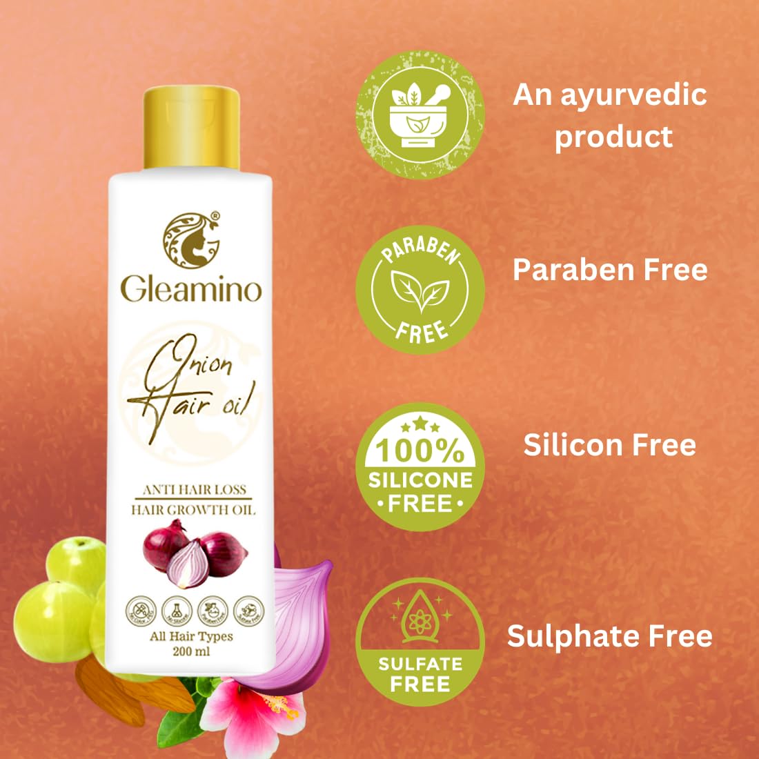 Gleamino Onion Hair Oil with Amla & Bhringraj - Natural Hair Growth Treatment for Healthy, Strong Hair - Promotes Thickness & Reduces Hair Fall - Perfect for Daily Scalp Massage & Damaged Hair Care