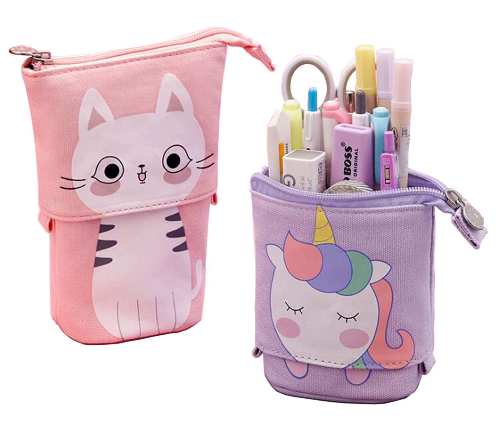 Foldable Canvas Pencil Pouch with Telescopic Stand-Up Design - Zippered Stationery Organizer for Pens, Markers & Small Cosmetics - Perfect for School, Office & Travel Organization