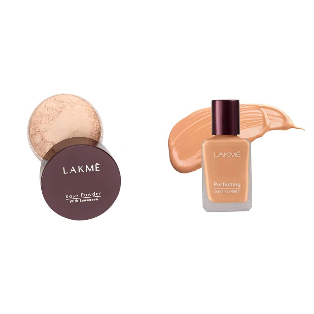 LAKMÉ Rose Natural Face Powder for Oily Skin - Soft Pink 40G & Perfecting Liquid Foundation in Shell 27Ml | Oil Control Makeup Set for Flawless Matte Finish | Daily Wear, Photo Shoots & Special Occasions