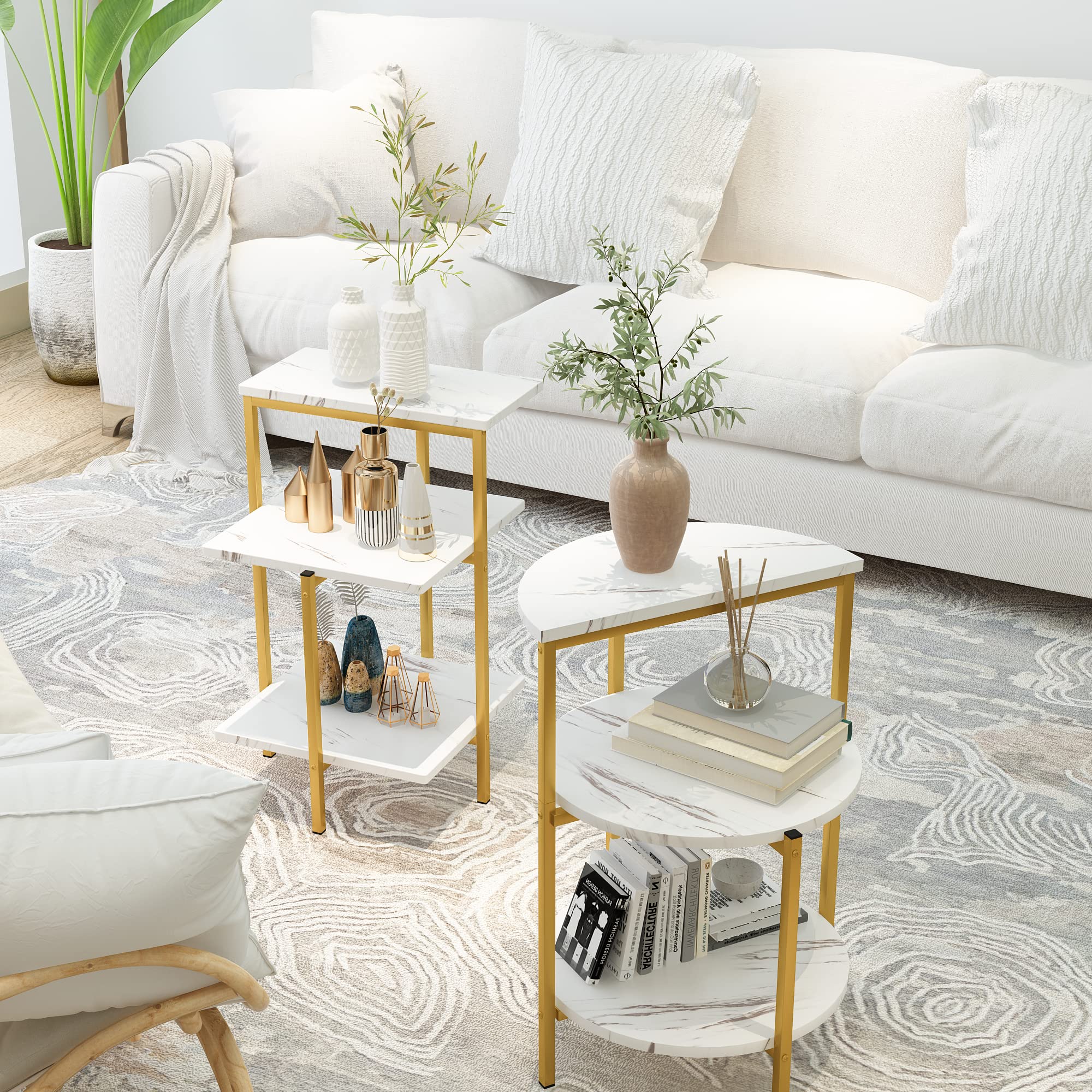 Premium Faux Marble Coffee Table Set with 2 End Tables - Modern 3-Piece Living Room Furniture with Storage Shelves & Sturdy Metal Frame, White & Gold Finish | Space-Saving Design for Apartments & Small Spaces | Perfect for Entertaining, Relaxing & Home Decor