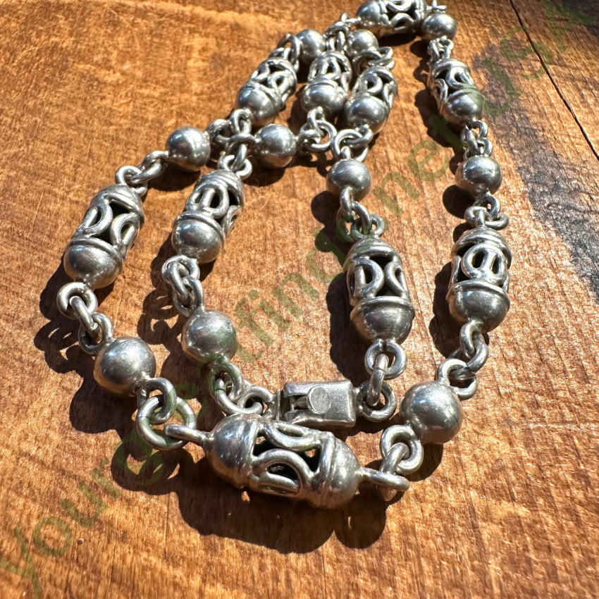 Vintage Mexican Sterling Silver Orb & Barrel Link Necklace – Handmade Jewelry for Women, Boho Chic Necklace, Perfect for Casual Wear & Special Occasions