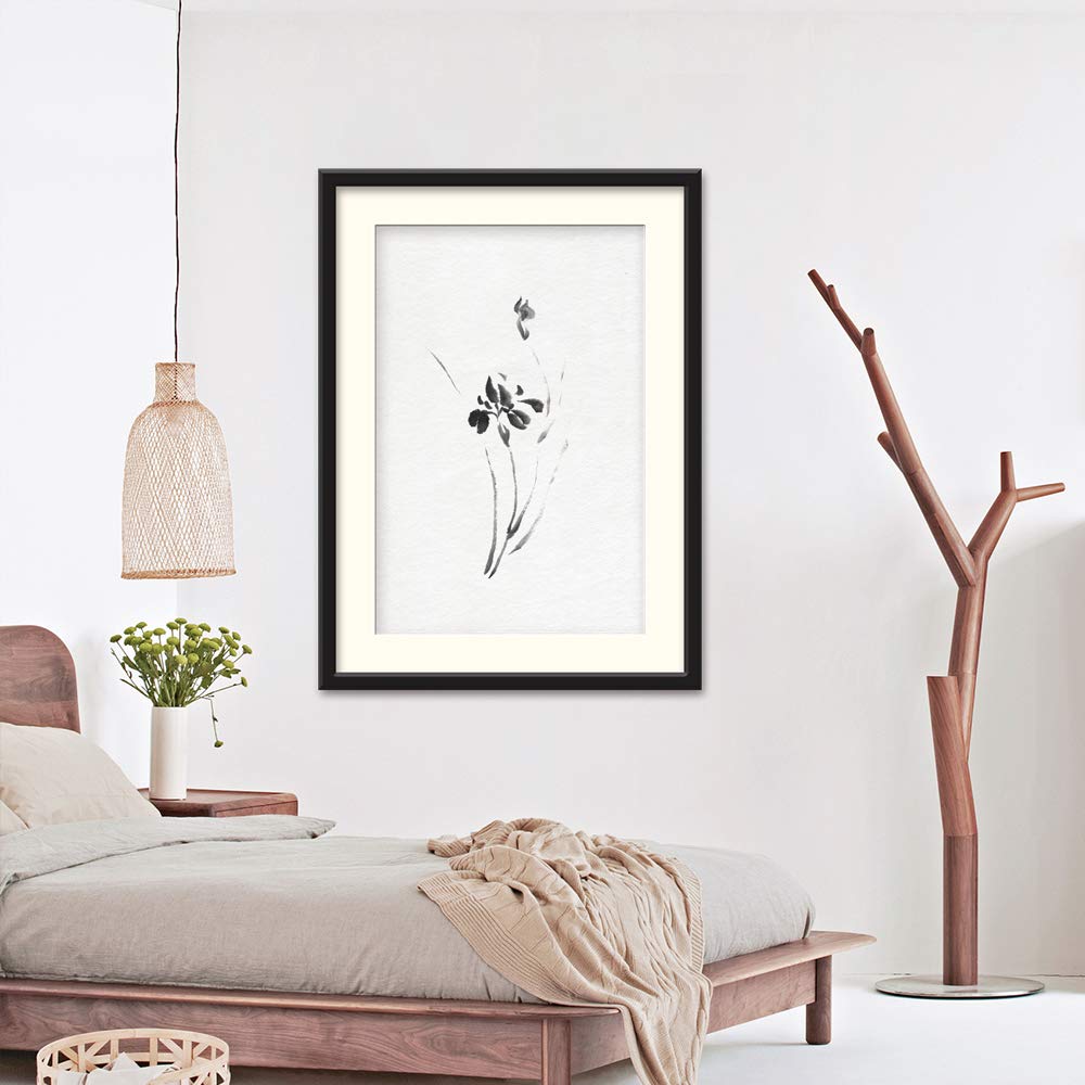 Idea4Wall Black Framed Canvas Wall Art - Traditional Chinese Calligraphy & Plants Print, Ready to Hang Home Decor (23x31 inches) for Living Room, Bedroom & Office