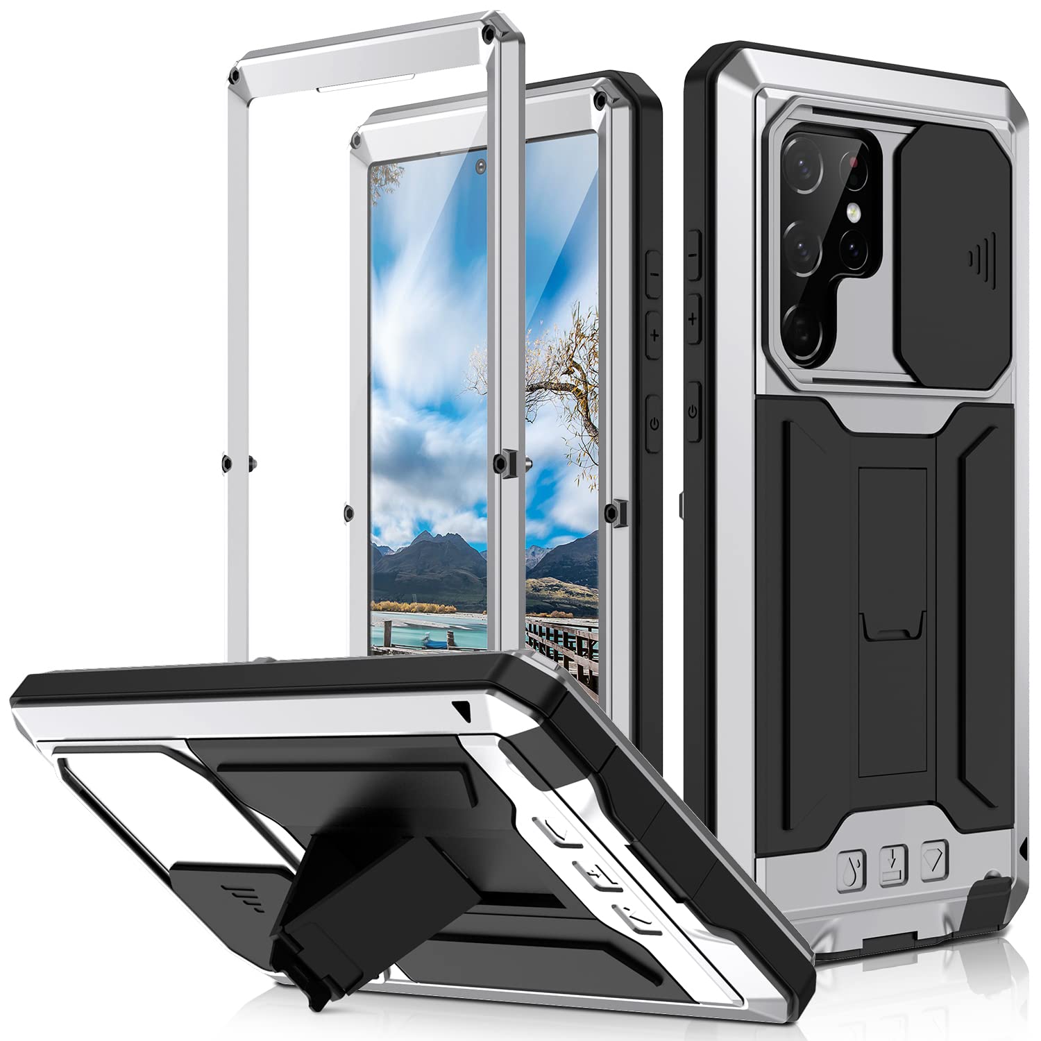 Samsung Galaxy S22 Heavy Duty Rugged Case with Built-in Screen Protector & Slide Camera Cover - Military Grade Shockproof Waterproof Phone Cover for Men, Outdoor Activities, Travel & Adventure (Silver)